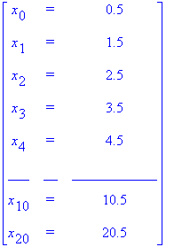 matrix([[x[0], `=`, .5], [x[1], `=`, 1.5], [x[2], `=`, 2.5], [x[3], `=`, 3.5], [x[4], `=`, 4.5], [___, __, ____________], [x[10], `=`, 10.5], [x[20], `=`, 20.5]])