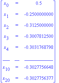 matrix([[x[0], `=`, .5], [x[1], `=`, -.2500000000], [x[2], `=`, -.3125000000], [x[3], `=`, -.3007812500], [x[4], `=`, -.3031768798], [___, __, ____________], [x[10], `=`, -.3027756648], [x[20], `=`, -....