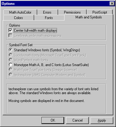 techexplorer math and symbol font options