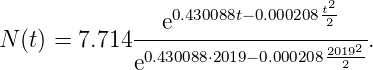                 e0.430088t− 0.000208t22
N (t) = 7.714 ------------------20192.
             e0.430088⋅2019−0.000208--2-
