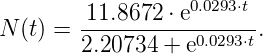                    0.0293⋅t
N (t) = -11.8672-⋅ e-----.
        2.20734 + e0.0293⋅t
